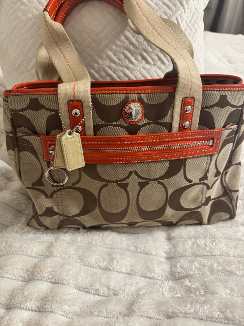 Coach Signature Daisey Tote in Khaki with Orange Trim
